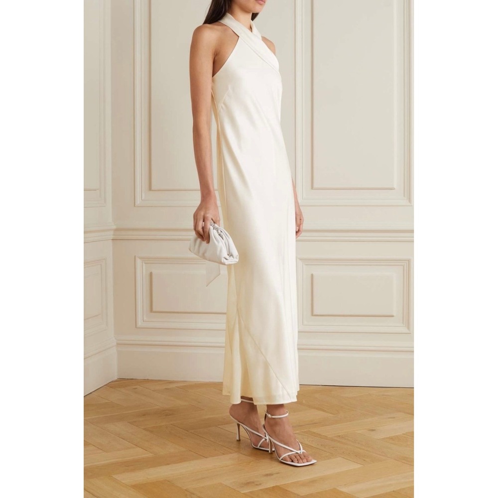 Galvan London Pandora Satin Halterneck Midi Dress Pearl White‎ Bridal Size 10